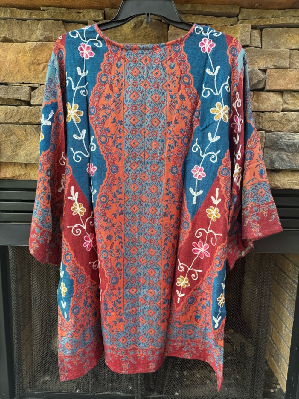 Raj Rust Red Teal Blue Embroidered Floral Kimono oversized relaxed lightweight - Picture 4 of 8